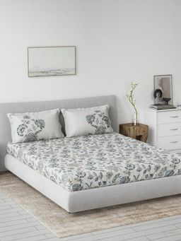 Ddecor Live Beautiful - Cotton Floral 145 TC King Bedsheet with 2 Pillow Covers - Grey