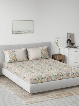 Ddecor Live Beautiful - Cotton Ethnic 145 TC King Bedsheet with 2 Pillow Covers - Yellow