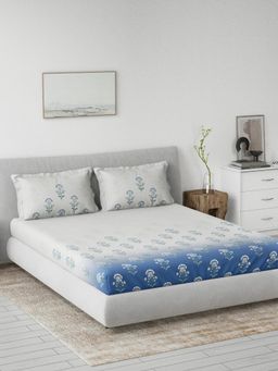 Ddecor Live Beautiful - Cotton Ethnic 145 TC King Bedsheet with 2 Pillow Covers - Blue