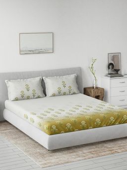 Ddecor Live Beautiful - Cotton Ethnic 145 TC King Bedsheet with 2 Pillow Covers - Yellow