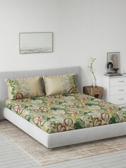 Ddecor Live Beautiful - Cotton Leaves 145 TC King Bedsheet with 2 Pillow Covers - Green