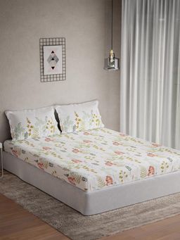 Ddecor Live Beautiful - Cotton Leaves 145 TC Double Bedsheet with 2 Pillow Covers - Orange