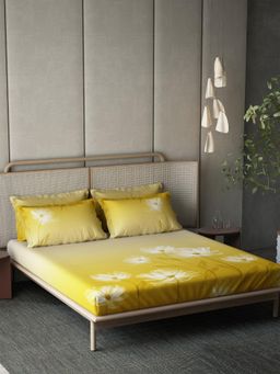 Ddecor Live Beautiful - Cotton Floral 180 TC Double Bedsheet with 4 Pillow Covers - Yellow