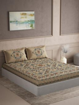 Ddecor Live Beautiful - Cotton Ethnic 145 TC Double Bedsheet with 2 Pillow Covers - Beige