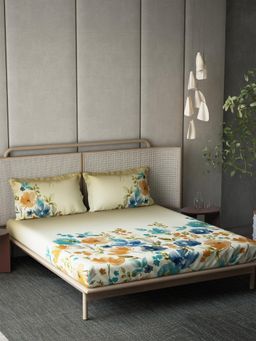 Ddecor Live Beautiful - Cotton Floral 210 TC Double Bedsheet with 2 Pillow Covers - Beige