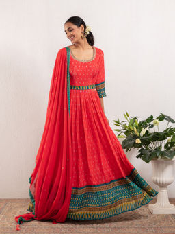 Gajra Gang - Red Georgette Anarkali Kurta, Legging, Dupatta & Belt GGSKD63 (Set of 4)