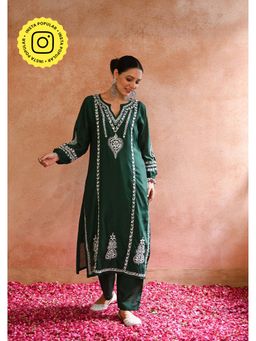 House of Chikankari - Kajra Chikankari Chanderi Straight Kurta - Green (Set of 2)