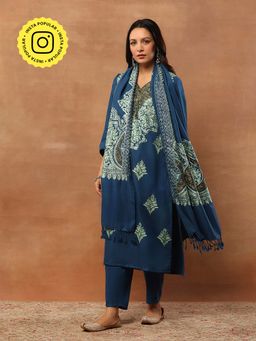House of Chikankari - Kasmira Aari woollen Straight Kurta with Pant and Dupatta (Set of 3)