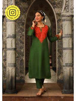 House of Chikankari - Kasmira Aari woollen Straight Kurta with Pant (Set of 2)