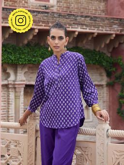 House of Chikankari - Glazed Cotton Hand Block Purple Co-Ord (Set of 2)