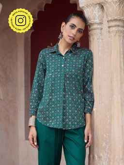 House of Chikankari - Glazed Cotton Hand Block Green Co-Ord (Set of 2)