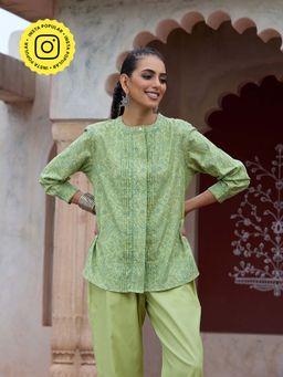 House of Chikankari - Glazed Cotton Hand Block Green Co-Ord (Set of 2)