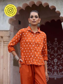 House of Chikankari - Glazed Cotton Hand Block Rust Co-Ord (Set of 2)