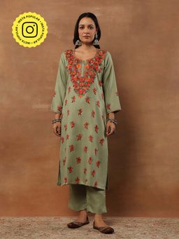 House of Chikankari - Green Woolen Aari Embroidered Kurti and Pant (Set of 2)