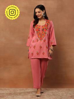 House of Chikankari - Pink Woolen Aari Embroidered Kurti with Pant (Set of 2)