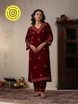 House of Chikankari - Maroon Velvet Chikankari Kurta with Pant (Set of 2)