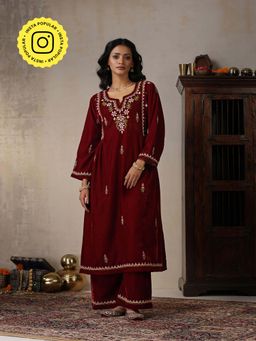 House of Chikankari - Maroon Velvet Chikankari Embroidered Kurta with Palazzo (Set of 2)