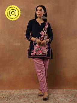 House of Chikankari - Threadwork Embroidered Woollen Solid Short Tunic Navy Blue