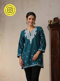 House of Chikankari - Threadwork Embroidered Woollen Solid Short Tunic Teal