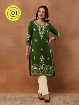 House of Chikankari - Threadwork Embroidered Woollen Solid Long Kurta -Green