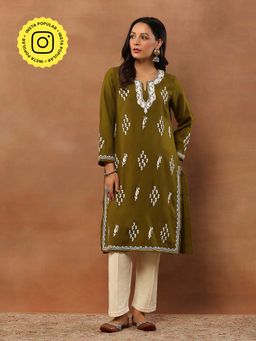 House of Chikankari - Aari Embroidered Threadwork Woollen Soild Long Kurta - Light Green