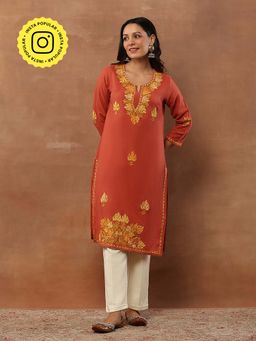 House of Chikankari - Aari Embroidered Threadwork Woollen Solid Long Kurta - Coral