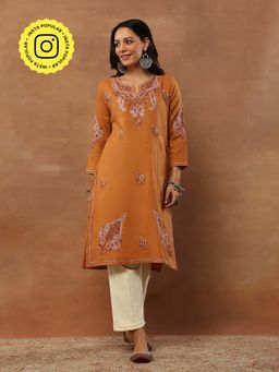 House of Chikankari - Aari Threadwork Embroidered Woollen Solid Long Kurta - Rust