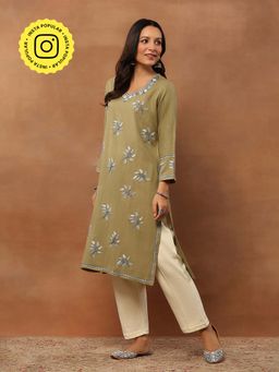 House of Chikankari - Aari Woollen Long Kurta - Olive