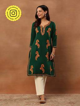 House of Chikankari - Threadwork Embroidered Woollen Solid Long Kurta Green