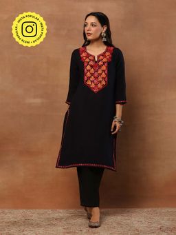 House of Chikankari - Aari Threadwork Embroidered Woollen Solid Long Black Kurta
