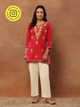 House of Chikankari - Aari Embroidered Woollen Short Kurti - Pink