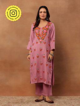 House of Chikankari - Lavender Woollen Aari Embroidered Solid Kurta and Pant (Set of 2)