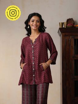 House of Chikankari - Pashmina Printed Kurti with Palazzo- Maroon (Set of 2)