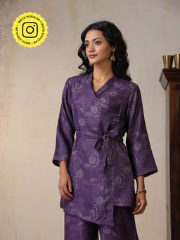 House of Chikankari - Pashmina Angrakha Kurta with Palazzo and Belt- Purple (Set of 2)