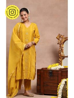 House of Chikankari - Chikankari Kurta Inner with Pant and Dupatta - Mustard Yellow (Set of 4)