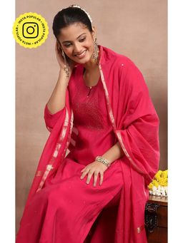 House of Chikankari - Kamdaani Embroidered Kurta with Pant and Dupatta - Pink (Set of 3)