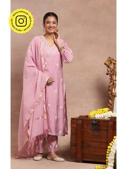 House of Chikankari - Chikankari Kurta Inner with Pant and Dupatta - Pink (Set of 4)