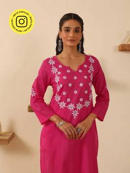 House of Chikankari - Women's Cotton Chikankari Long Kurta - Pink