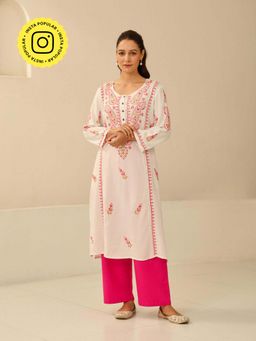 House of Chikankari - Womens Woven Pure Cotton Chikankari Kurta-Beige