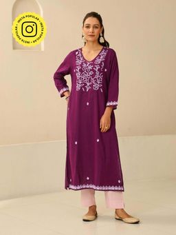 House of Chikankari - Womens Woven Pure Cotton Chikankari Kurta-Purple