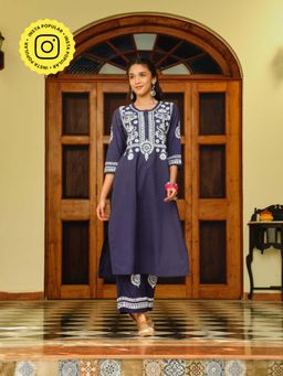 House of Chikankari - Women Cotton Straight Kurta With Palazzo - Navy Blue (Set of 2)
