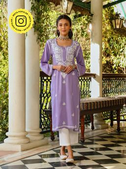 House of Chikankari - Rayon Chikankari Solid Women's Long Kurta