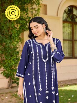House of Chikankari - Navy Blue Rayon Chikankari Women's Long Kurta