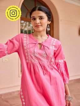 House of Chikankari - Pink Cotton Chikankari Women's Long Kurta