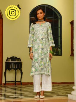 House of Chikankari - Grey Mulmul Chikankari Printed Women's Long Kurta