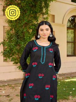 House of Chikankari - Black Cotton Chikankari Women's Long Kurta with Pant (Set of 2)