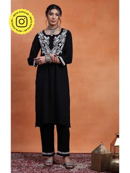 House of Chikankari - Black Chikankari Rayon Straight Kurta with Pant with White Embroidery