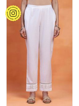 House of Chikankari - White Cotton Solid Women's Pintuck Pant with Lace