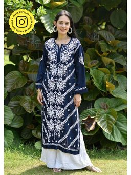 House of Chikankari - Chikankari Modal Straight Kurta - Navy Blue