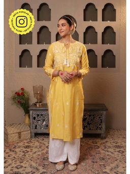 House of Chikankari - Chanderi Chikankari Womens Long Kurta - Yellow